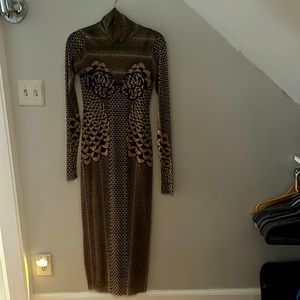 AFRM SHAILENE TURTLENECK LONG SLEEVE MESH DRESS IN GILDED PETALS SIZE SMALL NWT